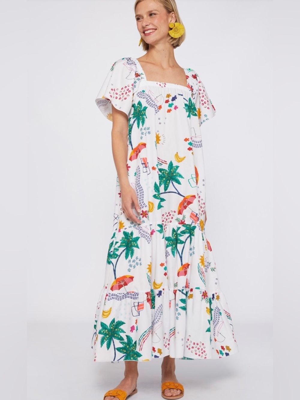 Vilagallo Palmira Biarritz Poplin Dress In White Print Multi Maxi Size 42